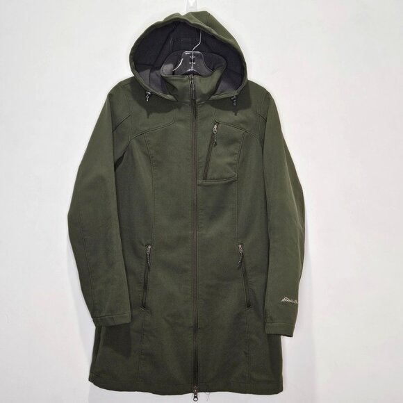 Eddie Bauer Jacket Womens Small Olive Green Softshell Fleece Lined Hooded Coat - Picture 1 of 8